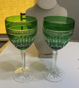 Lrg Green Waterford crystal wine glasses 2 Piece set Signed j Perry 2009 9” Tall - Picture 1 of 6