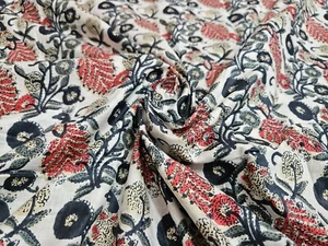 Indian 5 Yard Fabric Cotton Dress Material Bird Printed Hand Block White Fabric - Picture 1 of 5