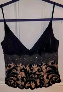 Carmen Marc Valvo Camisole Top Womens Sz 4 Black Velvet Silk Lace Sequins NWT - Picture 1 of 10