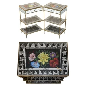 PAIR OF REGENCY STYLE FAUX MARBLE THREE TIERED ETAGERES SIDE END TABLES DRAWERS - Picture 1 of 24