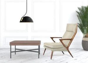 26 Beige Faux Leather And Walnut Lounge Chair With Ottoman - Picture 1 of 1