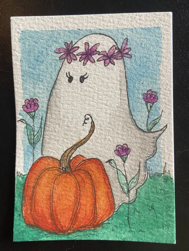 Cute Ghost w/ Pumpkin  + Flowers ACEO Original Watercolor and Ink Art Card - Image 1 of 1