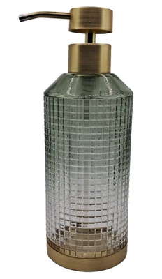 Green Clear Grid Waffle Cut Glass Gold Tone Pump Liquid Soap Dispenser 8" - Image 1 of 4