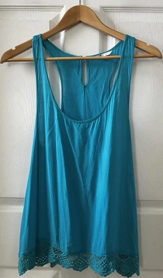 Volcom Tank Women Sz L Lock Down Tank Race back Embroidered Trim Turquoise Logo - Image 1 of 4