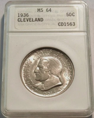 1936 ANACS Soapbox Genie Lamp MS64  Cleveland Commemorative Silver Half Dollar - Image 1 of 2