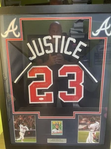 DAVID JUSTICE SIGNED BLUE BRAVES JERSEY JSA COA BECKETT W MVP CARD - Picture 1 of 4