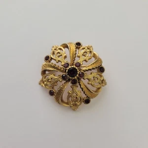 Vintage Flower Brooch Pin Marked Al09 Red Ruby Rhinestones Goldtone Ornate MCM - Picture 1 of 5