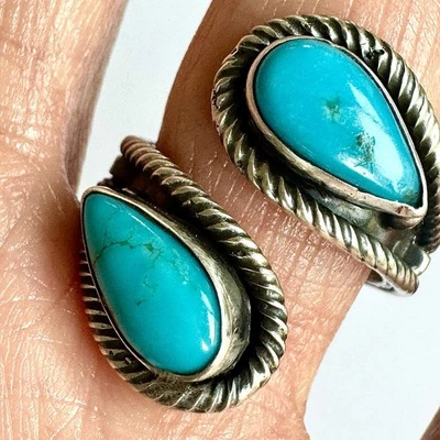 Navajo Türkis Wickelring Gr. 8 verstellbar Bypass Sterling signiert N - Bild 1 von 4