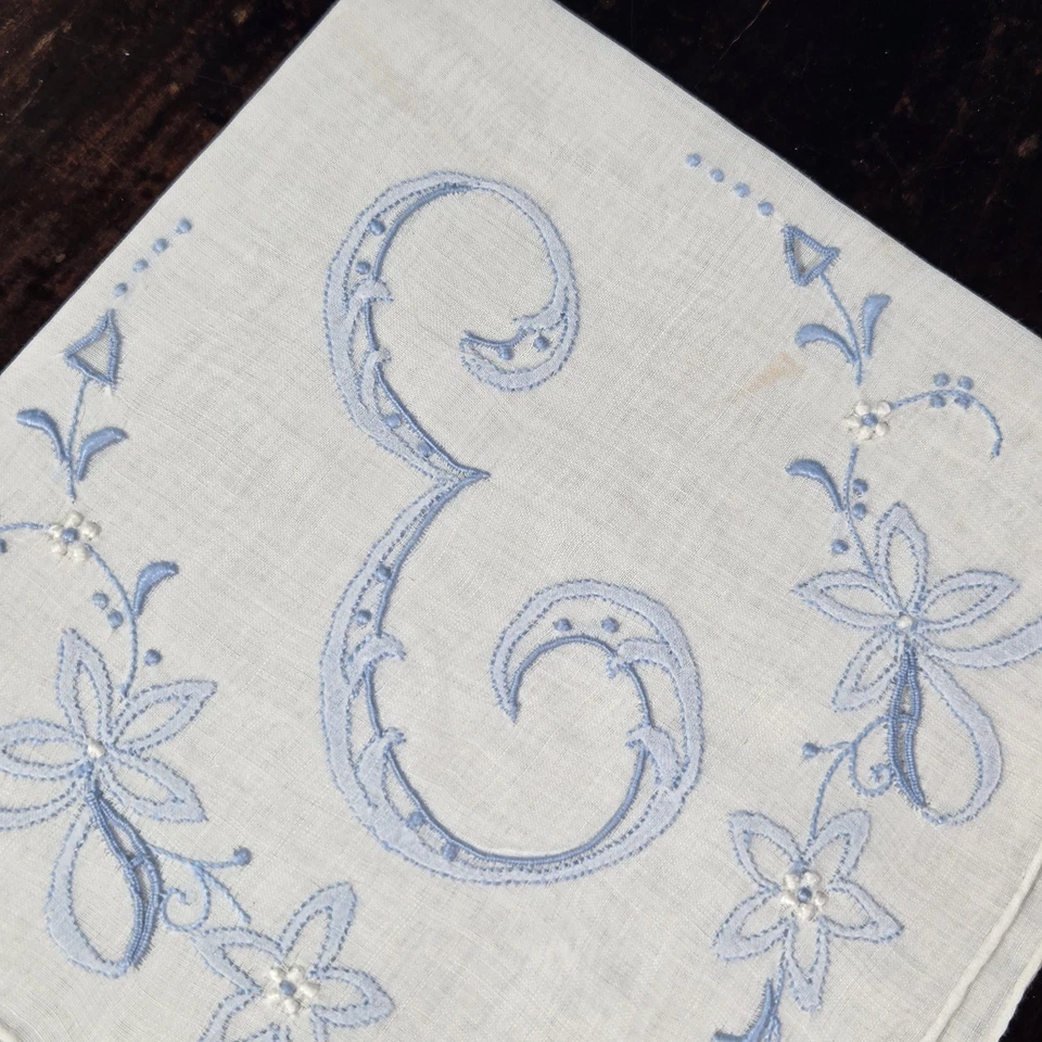 De Colección Excepcional Madeira Bordado Algodón Lino Pañuelo Monograma E Foto 1 de 4
