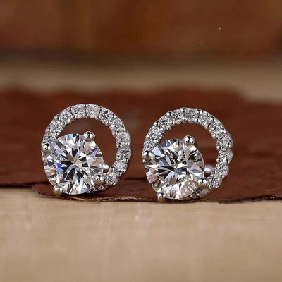 Moissanite Fancy Stud Earrings Solid 14k White Gold Round Cut 2.50 Carat For Her - Image 1 of 4