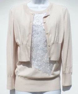 NINA RICCI Beige Creme Floral Lace Panel Cashmere Silk Knit Cardigan Sweater S - Picture 1 of 12