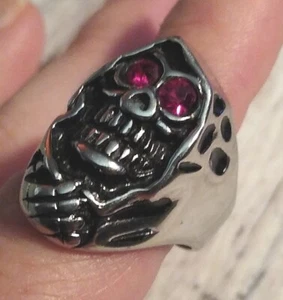 GRIM REAPER Ring Sz 10 Stainless Steel 316L Red CZ Eyes, Skull, Spooky! - Picture 1 of 10