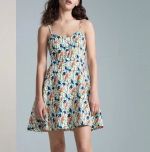 Alice + Olivia 8 Nella Sun Dress Fit N Flare Bird Parrot Print Mini Button Front - Picture 1 of 13