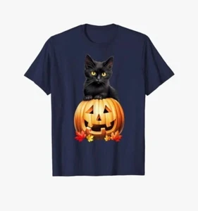 Halloween Youth Medium Short Sleeve Navy Blue Tee Shirt Pumpkin Black Cat  - Picture 1 of 9