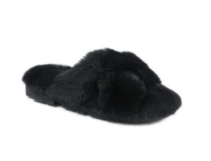 SECRET TREASURES Women’s 5-6 Lug Sole Slide Fuzzy Slippers Faux Fur • Black - Picture 1 of 5