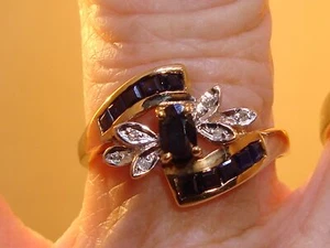 14K SOLID GOLD APPROX. 60 PTW SAPPHIRE & DIAMOND RING! SZ 7.5 - Picture 1 of 10