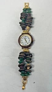 Le Baron Quartz Thailand Watch Teal Brown Wooden Bead Band Gold Tone Trim 7.25" - Picture 1 of 9