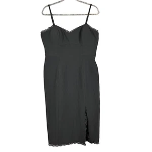 Boston Proper Lace Trim Slip Dress Black Sz 14 Party Cocktail Front Slit NWT$129 - Picture 1 of 14