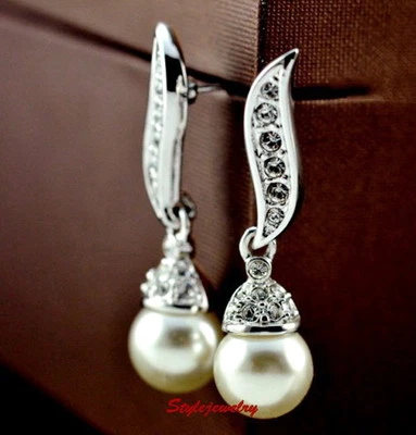 White Gold Filled Clear Crystal White Pearl Dangle Bridal Earring XE47 Foto 1 de 4