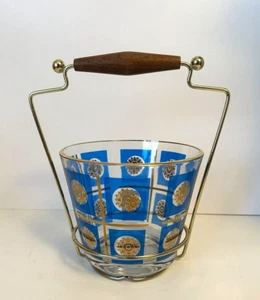 CUBO DE HIELO de vidrio azul turquesa y dorado MCM AÑOS 50 - 60 en portador de metal - Imagen 1 de 4