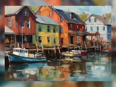 Harbor Oil Painting Print - Colorful Seaside Houses Artwork 5" x 7"
