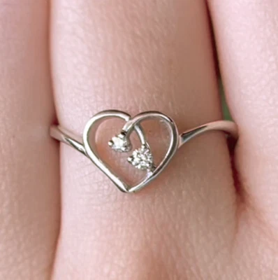 Heart Diamond Ring 14K White Gold Asymmetrical Curved Unique Ring Size 7 - Image 1 of 4