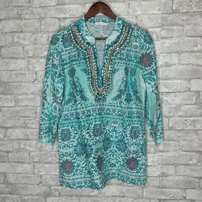 Top túnica gitana Charter Club de lujo grande 100 % lino con cuentas cuello en V floral boho Foto 1 de 4