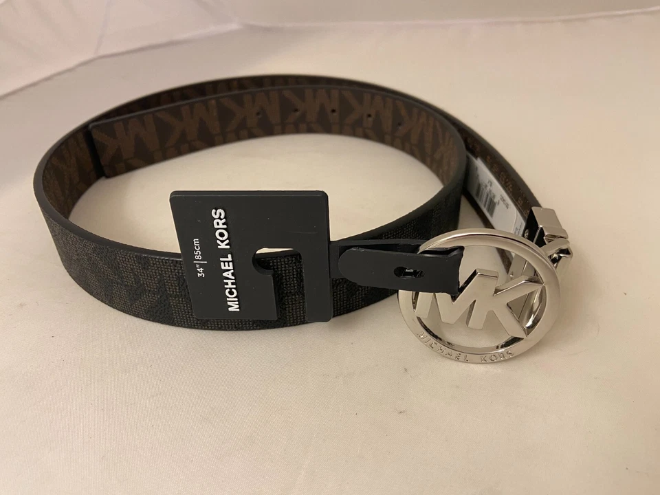 Michael Kors Women's Signature Brown Black Medium Reversible MK Logo Belt 551342