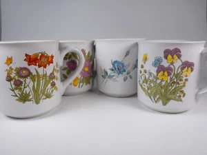 Vintage Coffee Cups Mugs Violets Zinnias Wild Roses Amaryllis Flowers Set of 4 - Picture 1 of 16