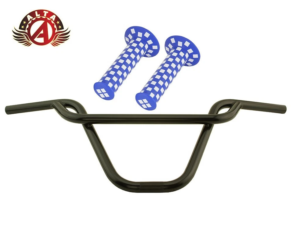 ALTA BMX Old School PRETZEL Black Handlebar W/124mm CHECKERED BMX GRIPS. - Image 1 of 1