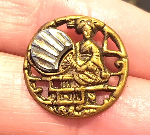 One Madame Chrysantheme Brass Metal with Steel Fan Asian Antique Button Cover