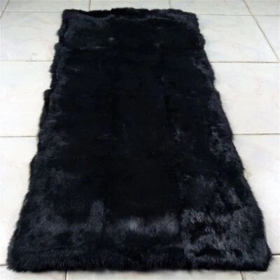 LUXURY REAL Black Rabbit FUR THROW BLANKET RUG Skin Fur Rug Pelz Leather Pelt - Image 1 of 4