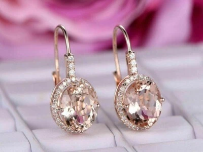 Brincos sólidos de ouro rosa 14K com mais de 3 quilates de morganita criados em laboratório com gota/pingente de diamante - Imagem 1 de 4