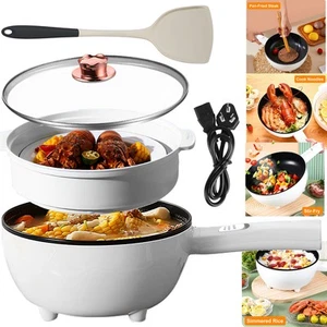 3L Electric Hot Pot w/ Steamer Non-Stick Frying Pan Noodles Cooker Simmered Rice - Picture 1 of 15
