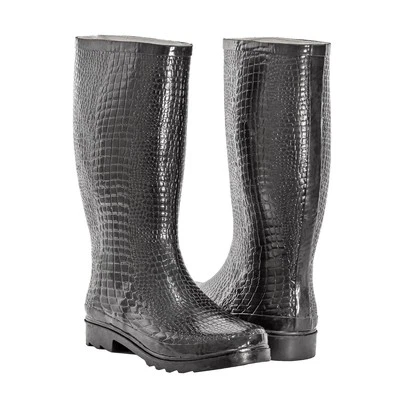 Черный дождя ботинки женщин размер 6 искусственного крокодила водонепроницаемый резиновый высокий, новый - Изображение 1 из 4