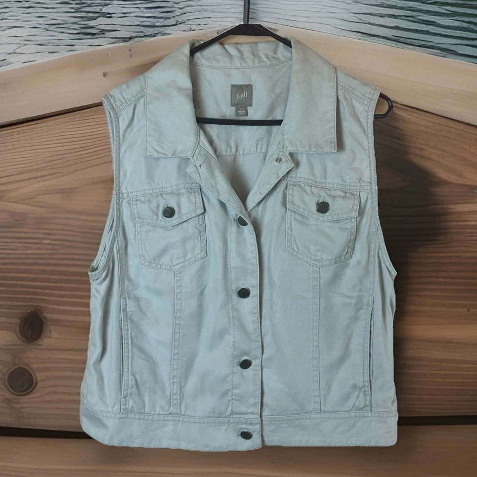 J. Jill 100% Linen Sleeveless  Women’s Jacket Button Down Light Gray Size Large - Image 1 of 4