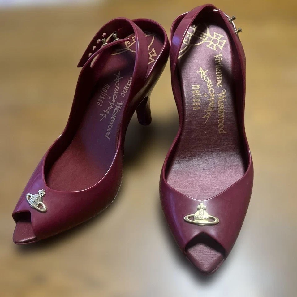 Sandálias de salto Vivienne Westwood Melissa Borgonha Bombas de Borracha 24,5cm Novo em folha - Imagem 1 de 4