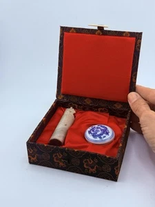 Vtg Chinese Seal Carved Horse Stamp With Red “ink” In Dish And Decorative Box - Picture 1 of 8