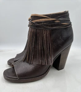Bed Stu Booties Womens Sz 11 Onset Olivia Peep Toe Fringe Brown Leather - Picture 1 of 12