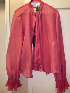 GUCCI Antique Rose Pink Silk Satin Pussy Bow Ruffled Blouse Sz 14 US /48 IT BNWT - Picture 1 of 11