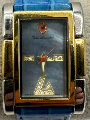 Tonino Lamborghini Womens Tank Watch Blue Leather Band 25MM 7.5" MOP New Battery - Image 1 of 4