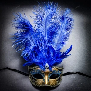 Venetian Gold Blue Masquerade Mask Show Girl Ostrich TopFeather Eye Mask Costume - Picture 1 of 4