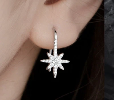 Silver Northern Star Dangle Earrings, CZ Starburst Earrings, Celestial Earrings - Image 1 of 4