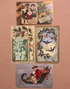 1909 Used Vintage Post Cards Christmas Children Santa Bids Collectible Gold Trim - Picture 1 of 9