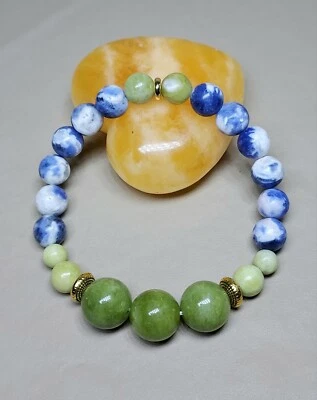 Sodalite Bracelet with Peridot Quartz and Olivine, Stretchy Gems in Gold, 6.75" - Image 1 of 4