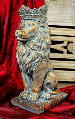 ❀ Löwe König Antik Gold 36 cm Groß 7 kg Statue Torwächter Zement Figur Krone HoR - Bild 1 von 4
