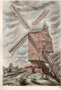 AQUARELLE COULEUR VIEUX MOULIN A VENT / Moulin Blavoet au Mont Cassel Nord - Imagen 1 de 1