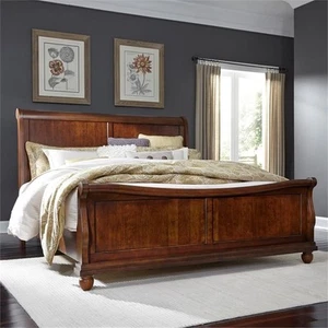 Pemberly Row Modern / Contemporary Cherry Finish Queen Sleigh Bed - Picture 1 of 8