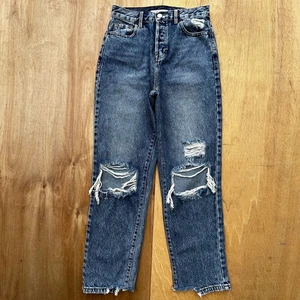 PACSUN JEANS WOMEN’S sz 25 High Rise Straight Button Fly Blue Destructed Frayed - Picture 1 of 13