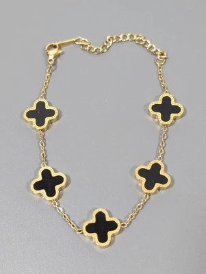 Brazalete Retro Negro Flor Cruz Estación Cadena Tono Dorado 8.5 pulgadas Clásico Foto 1 de 4